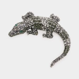 Black Crocodile Alligator Pave Crystal Bling 4" Brooch Pin Rhinestone